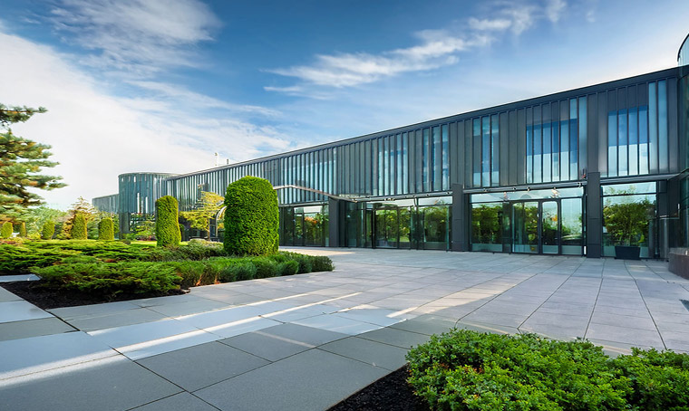 Datacenter in spring or summer with fully manicured lawn and gardens