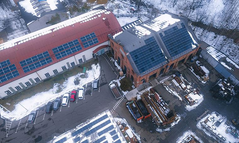 Birseye view of loading dock with snow on the ground