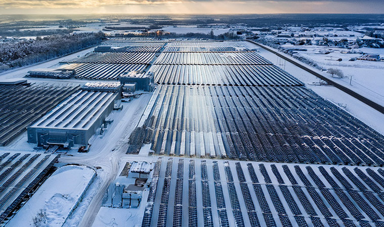 Wide shot of datacenter covered in snow