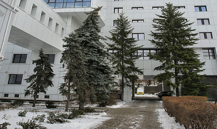 Snowy walkway leading up to building