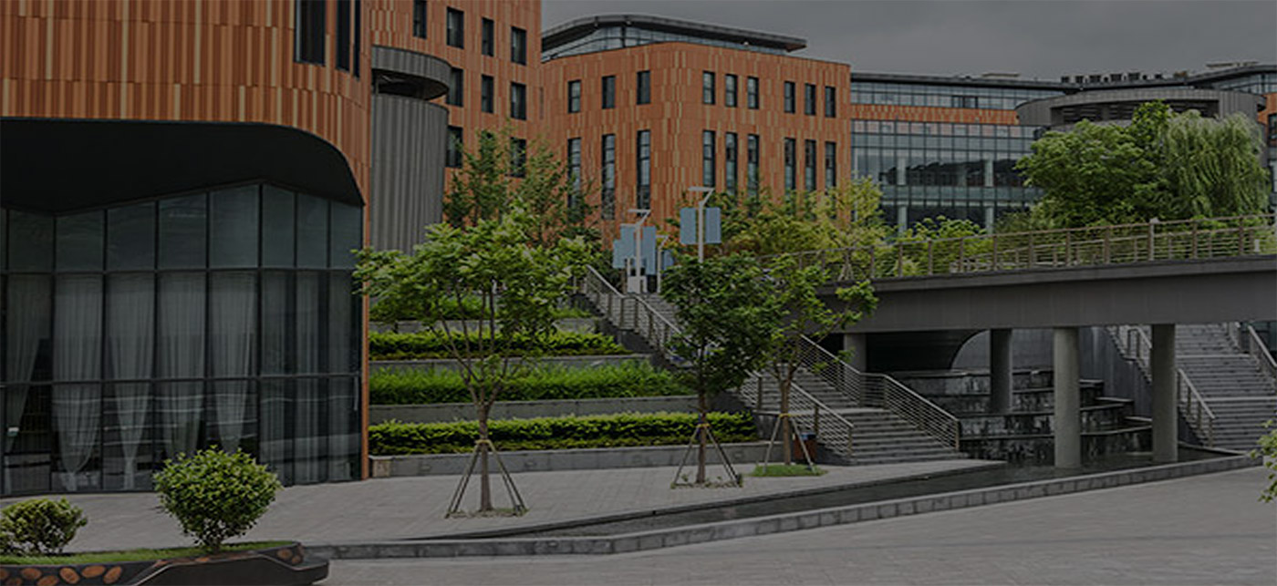 Corporate campus entrance area with a walkway