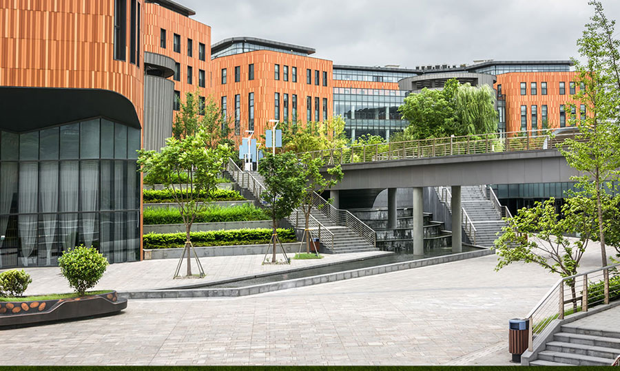 Corporate campus entrance area with a walkway