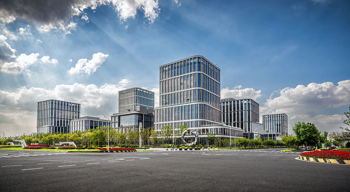 Corporate campus entryway and parking areas