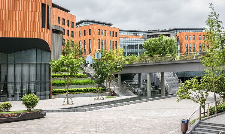 Outdoor plazas, stairs, and pedestrian walkways at corporate campus