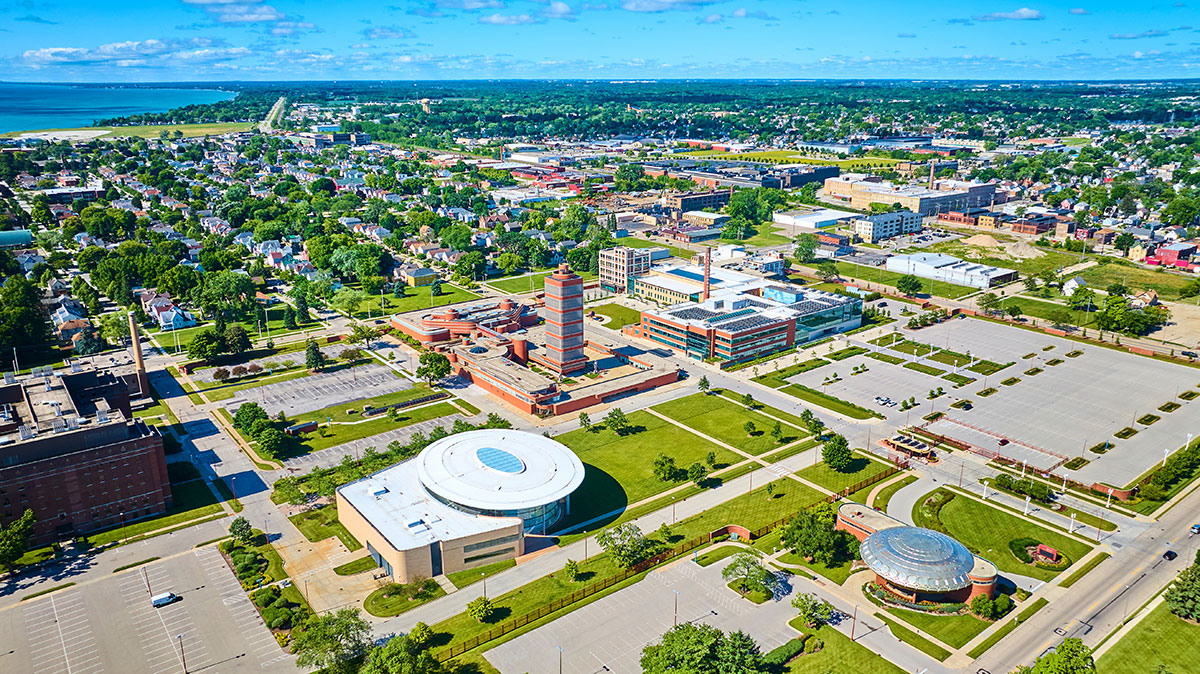 Aerial view of corporate campus grounds and landscaping