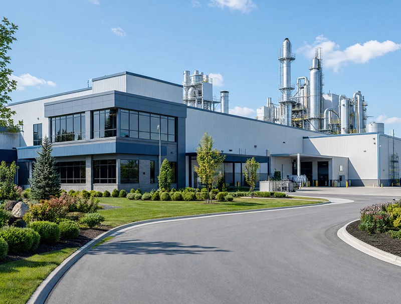 Exterior of an industrial plant entrance with professional landscaping