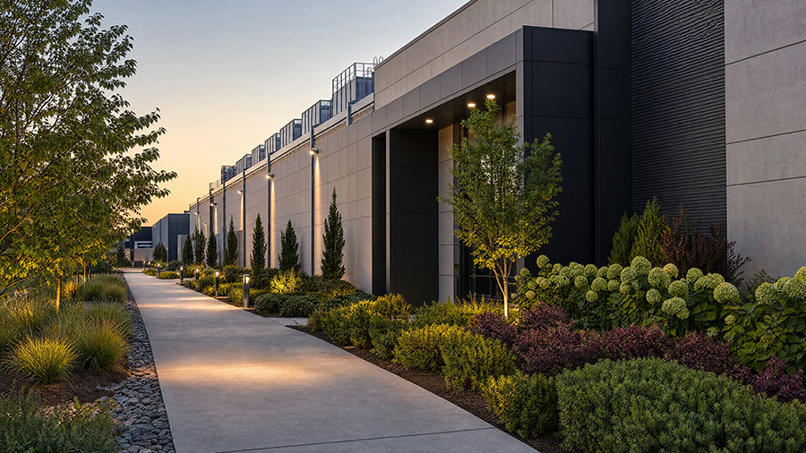 data center exterior pathway with beautiful landscaping