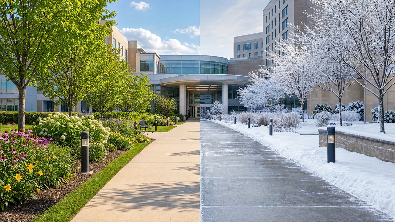 Hospital entrance in two different seasons showing a clear path to the building