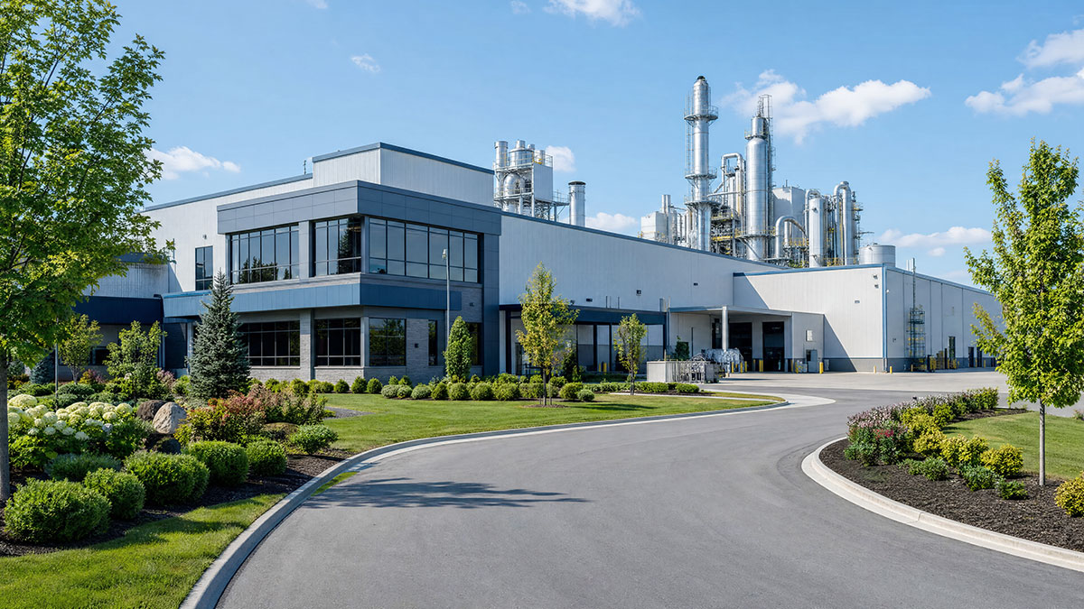 Exterior of an industrial plant entrance with professional landscaping