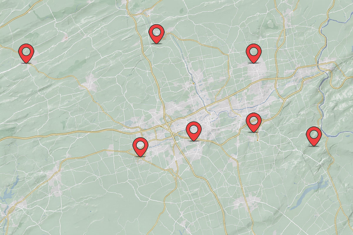 Map of Lehigh valley with pins